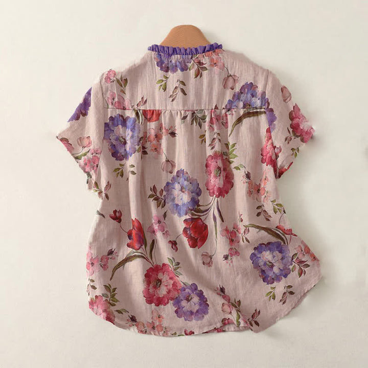 Buddha Stones Camisas de manga corta para mujer, estilo bohemio informal de verano con cordón ajustable y estampado floral de peonías y hojas verdes. - image 5