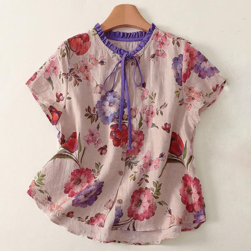Buddha Stones Camisas de manga corta para mujer, estilo bohemio informal de verano con cordón ajustable y estampado floral de peonías y hojas verdes. - Rosa Misty - US8-10，UK/AU12-14，EU40-42 (2XL) - image 4