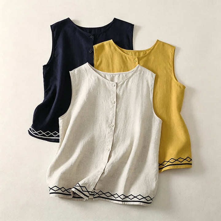 Buddha Stones Camiseta sin mangas geométrica minimalista con botones para mujer, estilo casual de verano. - image 17