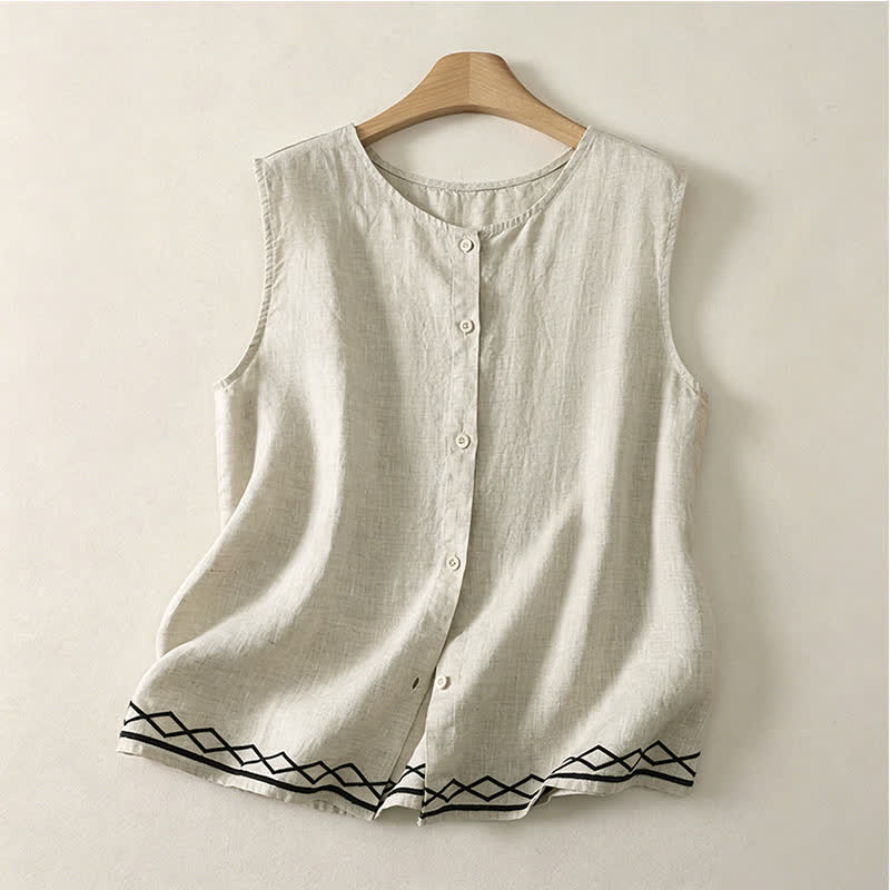 Buddha Stones Camiseta sin mangas geométrica minimalista con botones para mujer, estilo casual de verano. - Lino - US12, UK/AU16, EU44 (2XL) - image 8