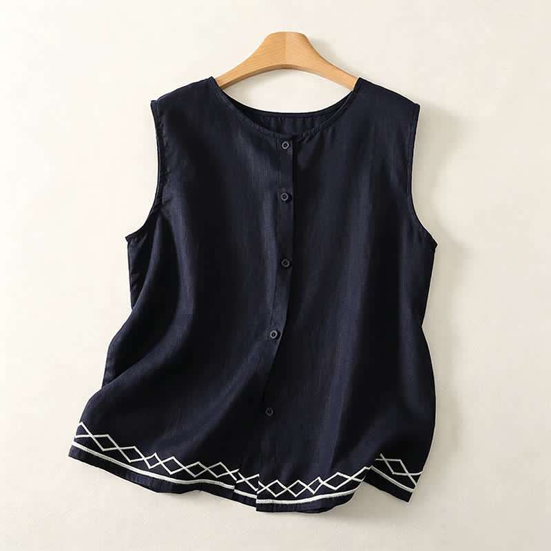 Buddha Stones Camiseta sin mangas geométrica minimalista con botones para mujer, estilo casual de verano. - Marina de guerra - US12, UK/AU16, EU44 (2XL) - image 3