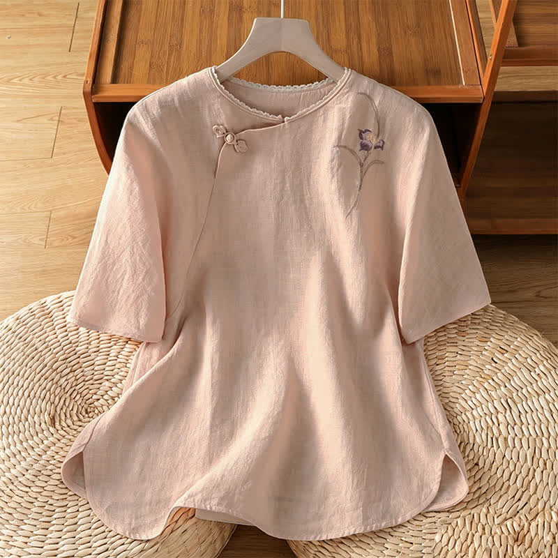 Buddha Stones Camisas de manga corta para mujer con bordado floral y botones de rana, estilo vintage, de Summer Tang Style. - Sopa de mariscos - US8-10, UK/AU12-14, EU40-42 (2XL) - image 0