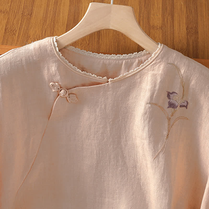 Buddha Stones Camisas de manga corta para mujer con bordado floral y botones de rana, estilo vintage, de Summer Tang Style. - image 1