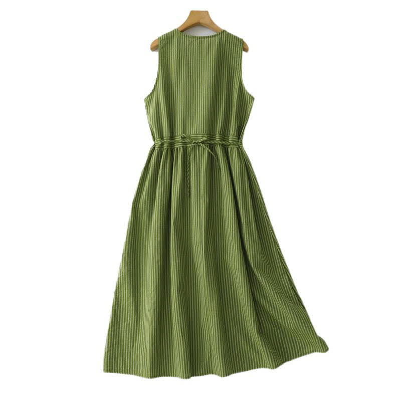 Buddha Stones Vestido de verano informal elegante de mujer con cuello redondo y rayas verdes. - image 2