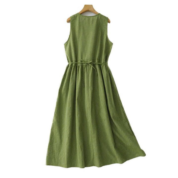 Buddha Stones Vestido de verano informal elegante de mujer con cuello redondo y rayas verdes. - image 2