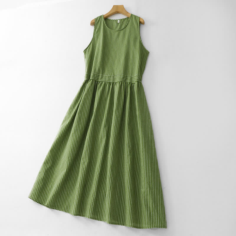 Buddha Stones Vestido de verano informal elegante de mujer con cuello redondo y rayas verdes. - image 1