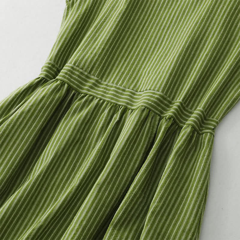 Buddha Stones Vestido de verano informal elegante de mujer con cuello redondo y rayas verdes. - image 6