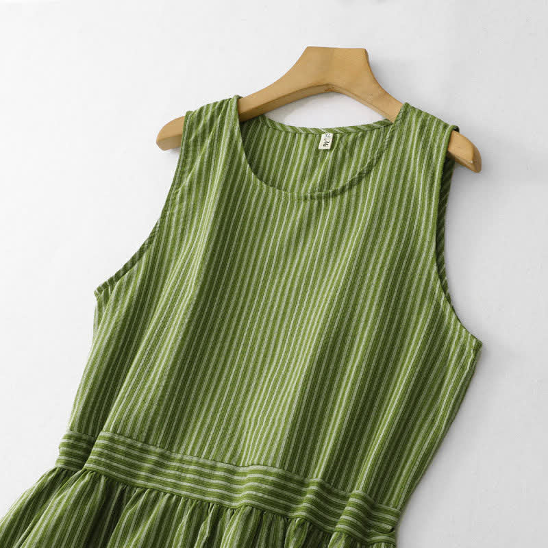 Buddha Stones Vestido de verano informal elegante de mujer con cuello redondo y rayas verdes. - image 3