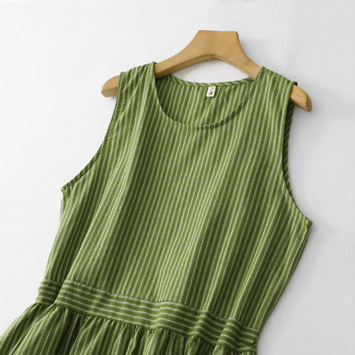 Buddha Stones Vestido de verano informal elegante de mujer con cuello redondo y rayas verdes. - image 3