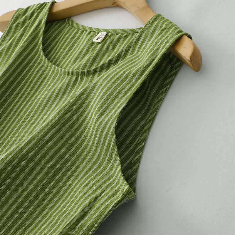 Buddha Stones Vestido de verano informal elegante de mujer con cuello redondo y rayas verdes. - image 4