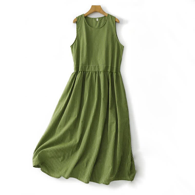 Buddha Stones Vestido de verano informal elegante de mujer con cuello redondo y rayas verdes. - Verde mar oscuro - US12, UK/AU16, EU44 (2XL) - image 0