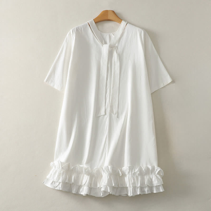 Buddha Stones Vestido de mujer de manga corta, estilo casual elegante, con cuello anudado y bajo con volantes, ideal para el verano. - Blanco - US14, UK/AU18, EU46 (2XL) - image 2