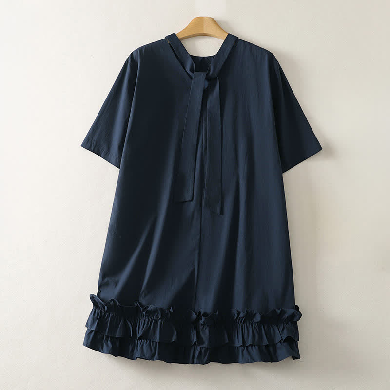 Buddha Stones Vestido de mujer de manga corta, estilo casual elegante, con cuello anudado y bajo con volantes, ideal para el verano. - Azul medianoche - US14, UK/AU18, EU46 (2XL) - image 0