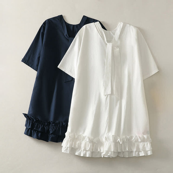 Buddha Stones Vestido de mujer de manga corta, estilo casual elegante, con cuello anudado y bajo con volantes, ideal para el verano. - image 12