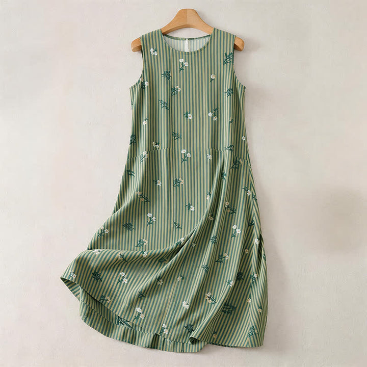 Buddha Stones Vestido de verano informal minimalista de mujer con estampado floral pequeño y rayas verdes. - Verde mar oscuro - US12, UK/AU16, EU44 (2XL) - image 0