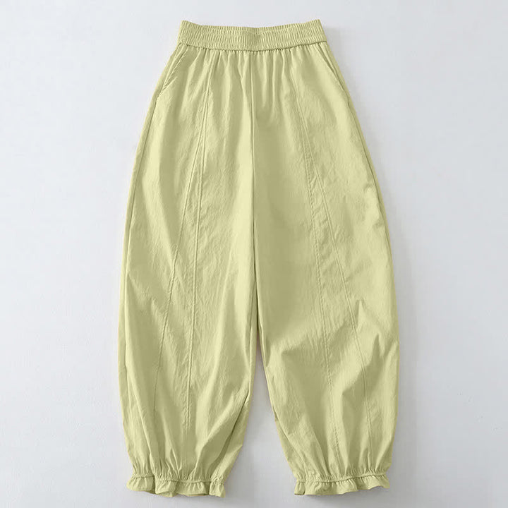 Buddha Stones Pantalones tobilleros minimalistas de verano con volantes en el bajo, estilo harem para mujer con bolsillos. - Limón Chiffon - US8-10, UK/AU12-14, EU40-42 (2XL) - image 0