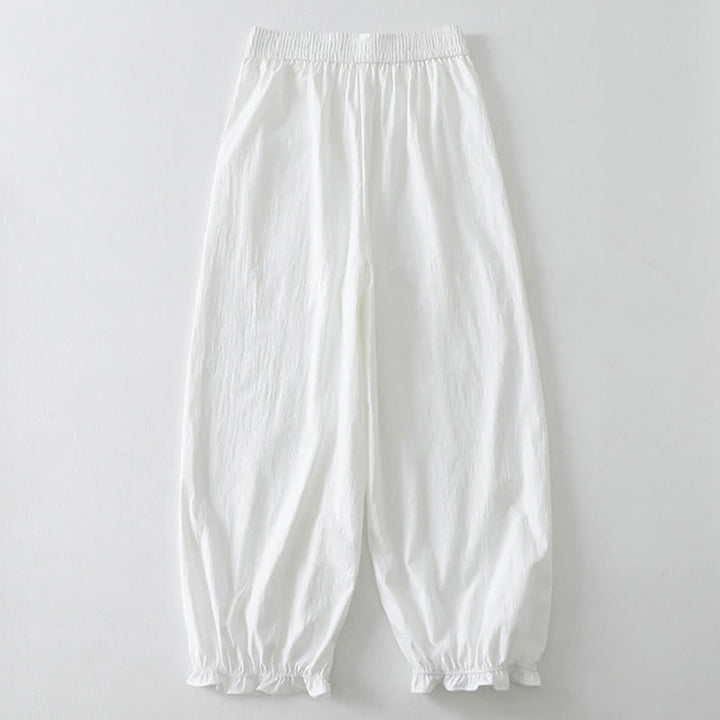 Buddha Stones Pantalones tobilleros minimalistas de verano con volantes en el bajo, estilo harem para mujer con bolsillos. - image 13