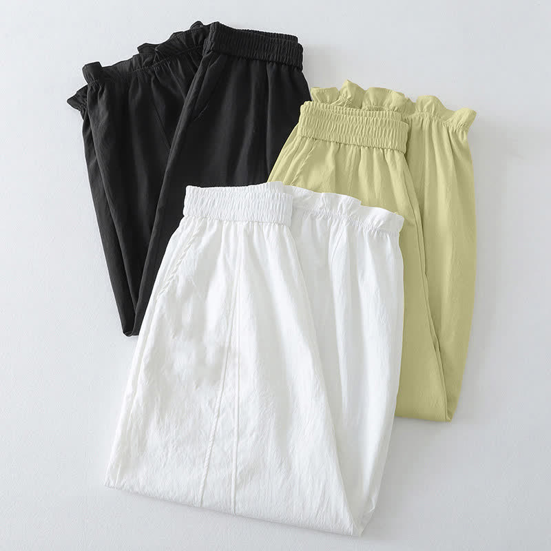 Buddha Stones Pantalones tobilleros minimalistas de verano con volantes en el bajo, estilo harem para mujer con bolsillos. - image 21