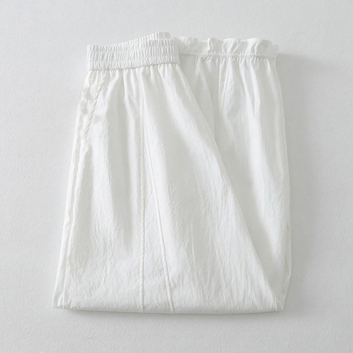 Buddha Stones Pantalones tobilleros minimalistas de verano con volantes en el bajo, estilo harem para mujer con bolsillos. - image 15