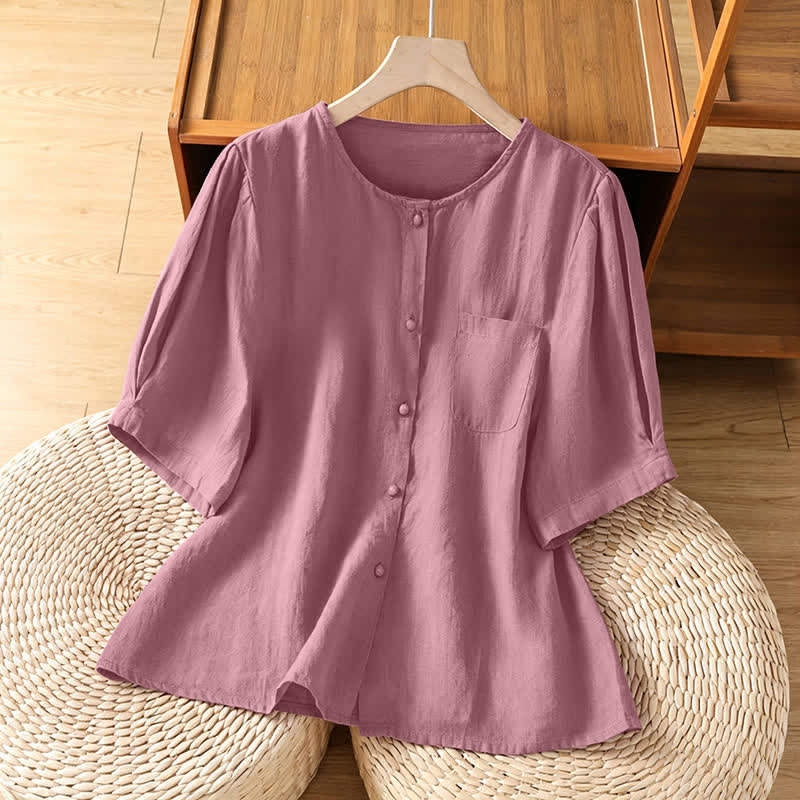Buddha Stones Camisa de manga corta para mujer, estilo casual de verano, minimalista, con cuello redondo y botones, color liso, con bolsillo de parche. - Rojo violeta pálido - US8-10, UK/AU12-14, EU40-42 (2XL) - image 0