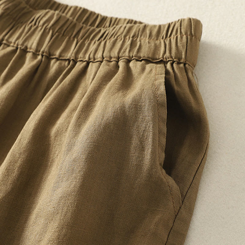 Buddha Stones Shorts de verano informales de estilo vintage para mujer, con cintura elástica lisa, bajo con volantes y bolsillos. - image 3