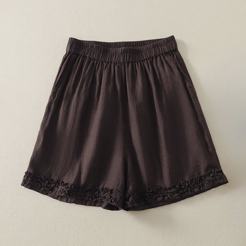 Buddha Stones Shorts de verano informales de estilo vintage para mujer, con cintura elástica lisa, bajo con volantes y bolsillos. - Marrón silla de montar - US8-10, UK/AU12-14, EU40-42 (2XL) - image 9