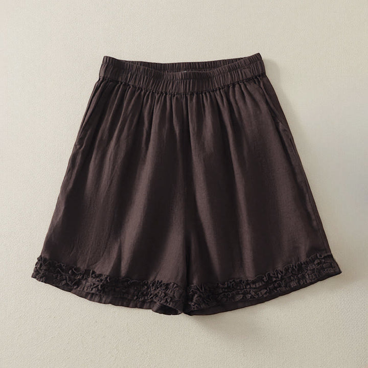 Buddha Stones Shorts de verano informales de estilo vintage para mujer, con cintura elástica lisa, bajo con volantes y bolsillos. - Marrón silla de montar - US8-10, UK/AU12-14, EU40-42 (2XL) - image 9