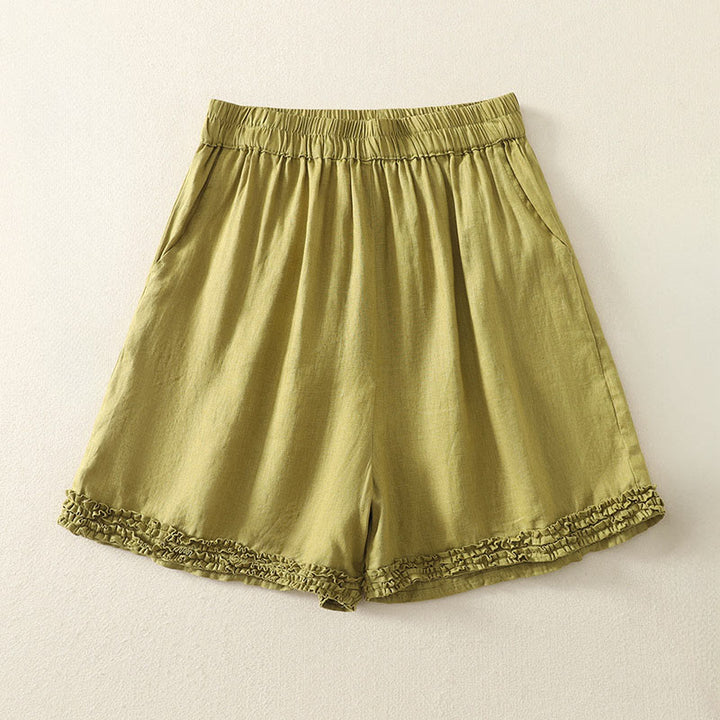 Buddha Stones Shorts de verano informales de estilo vintage para mujer, con cintura elástica lisa, bajo con volantes y bolsillos. - Caqui oscuro - US8-10, UK/AU12-14, EU40-42 (2XL) - image 16