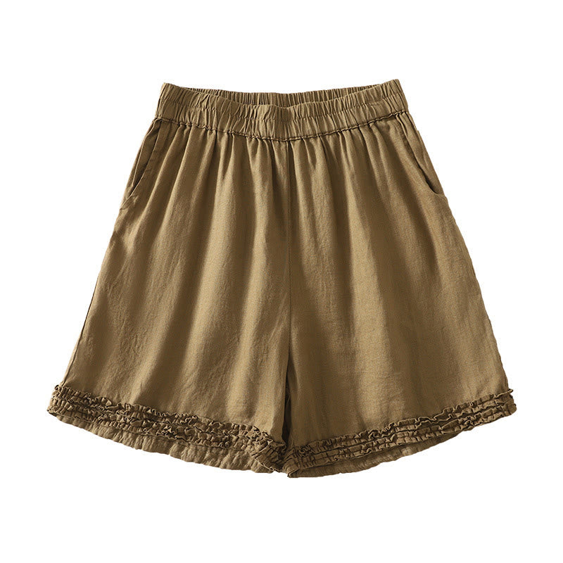 Buddha Stones Shorts de verano informales de estilo vintage para mujer, con cintura elástica lisa, bajo con volantes y bolsillos. - Broncearse - US8-10, UK/AU12-14, EU40-42 (2XL) - image 0