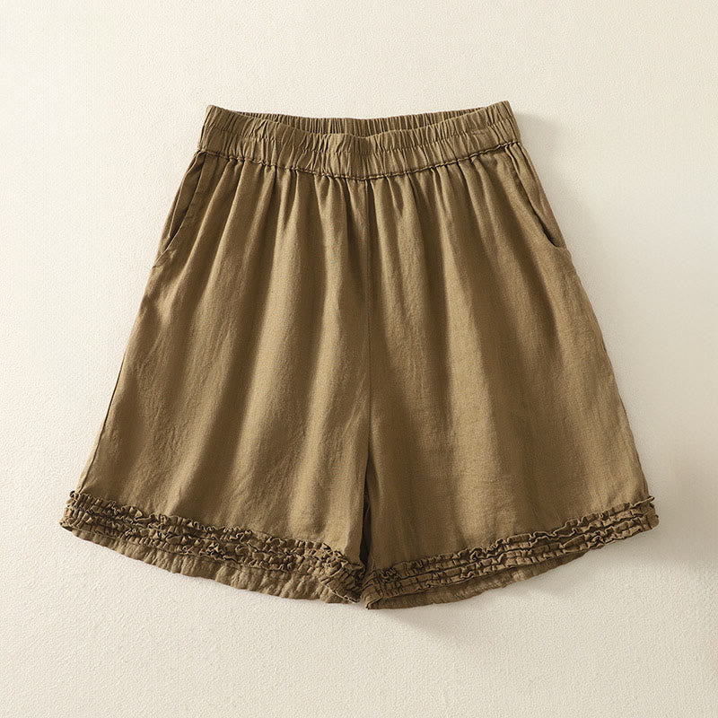 Buddha Stones Shorts de verano informales de estilo vintage para mujer, con cintura elástica lisa, bajo con volantes y bolsillos. - image 1
