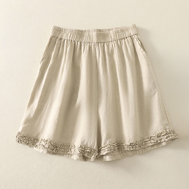 Buddha Stones Shorts de verano informales de estilo vintage para mujer, con cintura elástica lisa, bajo con volantes y bolsillos. - Beige - US8-10, UK/AU12-14, EU40-42 (2XL) - image 21