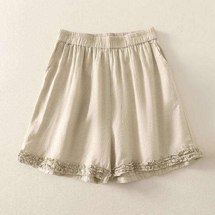 Buddha Stones Shorts de verano informales de estilo vintage para mujer, con cintura elástica lisa, bajo con volantes y bolsillos. - Beige - US8-10, UK/AU12-14, EU40-42 (2XL) - image 21