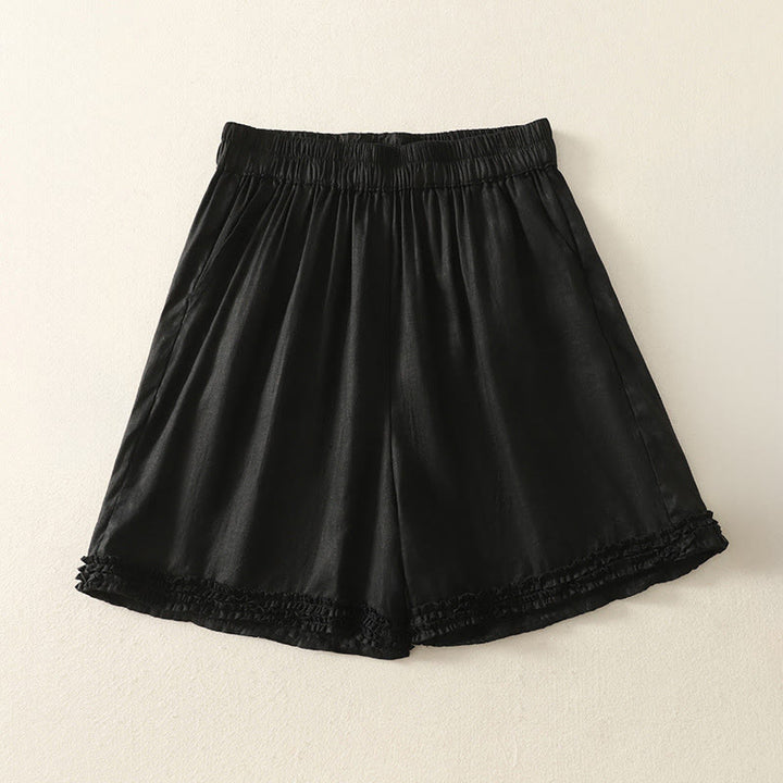 Buddha Stones Shorts de verano informales de estilo vintage para mujer, con cintura elástica lisa, bajo con volantes y bolsillos. - Negro - US8-10, UK/AU12-14, EU40-42 (2XL) - image 4