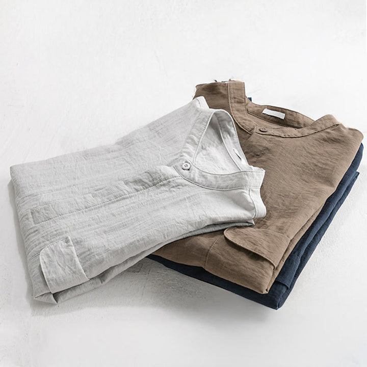 Buddha Stones Camisa de manga corta para hombre, estilo Tang casual de verano, con cuello mandarín, botones hasta la mitad y bolsillo decorativo. - image 17