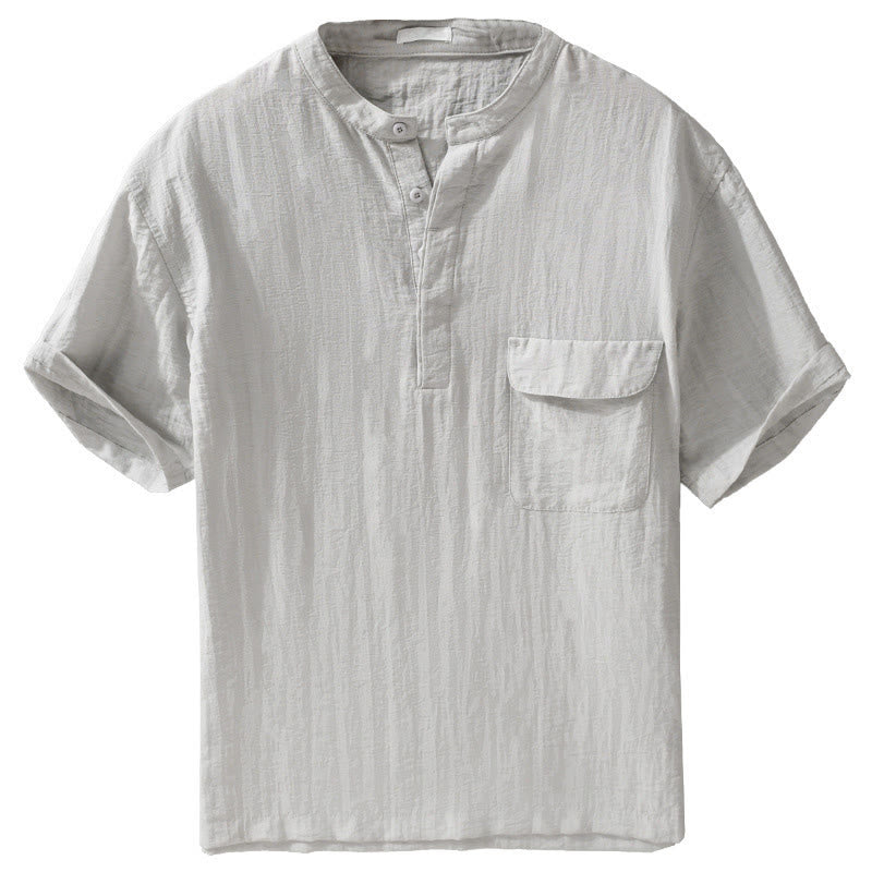 Buddha Stones Camisa de manga corta para hombre, estilo Tang casual de verano, con cuello mandarín, botones hasta la mitad y bolsillo decorativo. - image 2