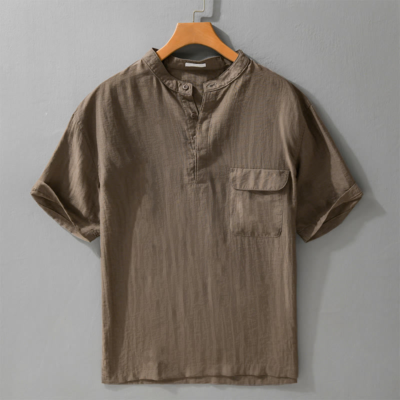 Buddha Stones Camisa de manga corta para hombre, estilo Tang casual de verano, con cuello mandarín, botones hasta la mitad y bolsillo decorativo. - Tierra de siena - US/UK/AU42, EU52 (3XL) - image 13