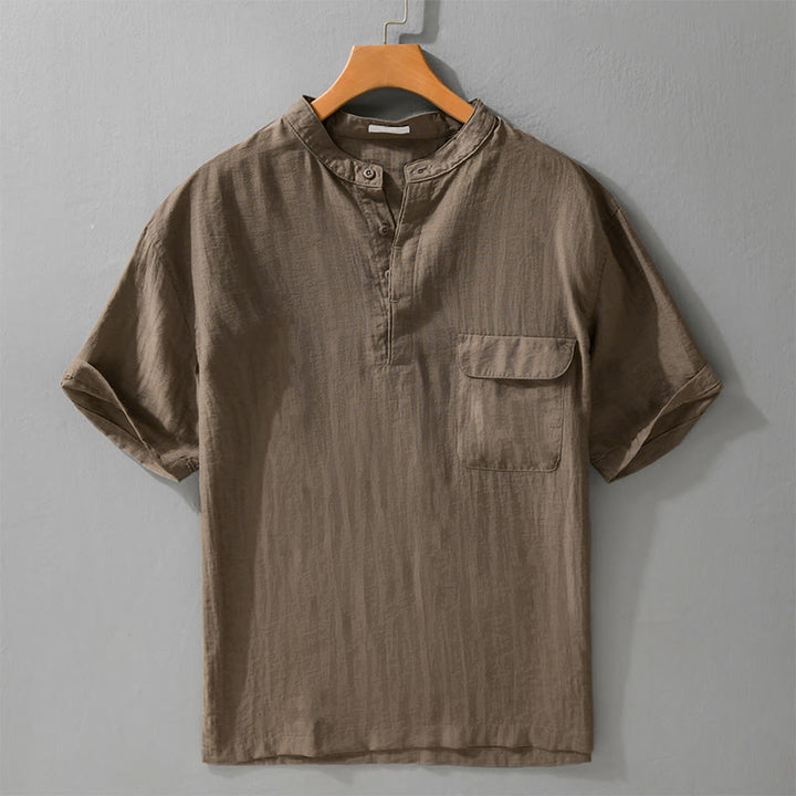 Buddha Stones Camisa de manga corta para hombre, estilo Tang casual de verano, con cuello mandarín, botones hasta la mitad y bolsillo decorativo. - Tierra de siena - US/UK/AU42, EU52 (3XL) - image 13
