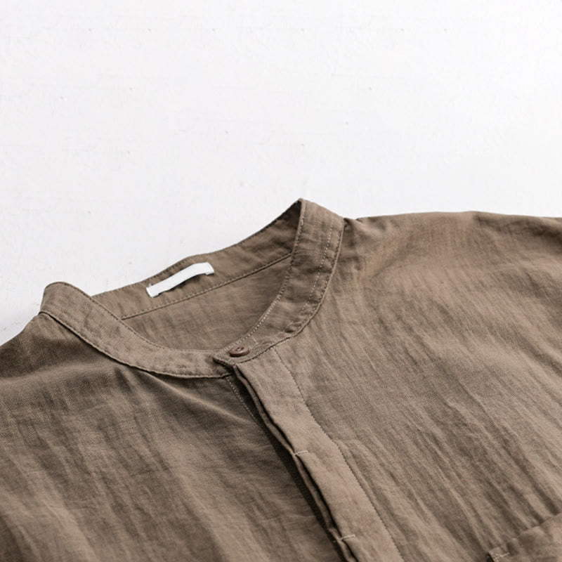 Buddha Stones Camisa de manga corta para hombre, estilo Tang casual de verano, con cuello mandarín, botones hasta la mitad y bolsillo decorativo. - image 14
