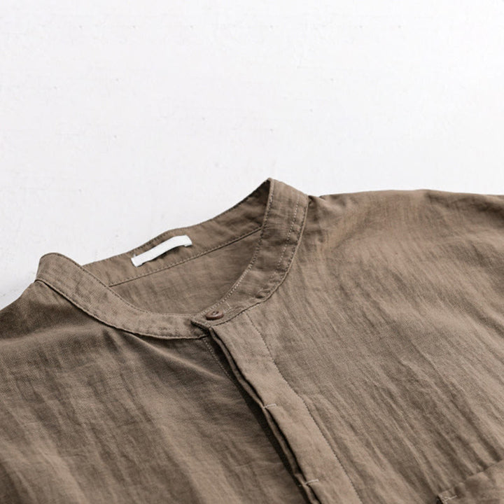 Buddha Stones Camisa de manga corta para hombre, estilo Tang casual de verano, con cuello mandarín, botones hasta la mitad y bolsillo decorativo. - image 14