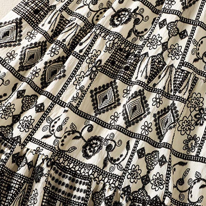 Buddha Stones Falda de mujer de estilo bohemio casual de verano en negro y beige con estampado geométrico floral. - image 5