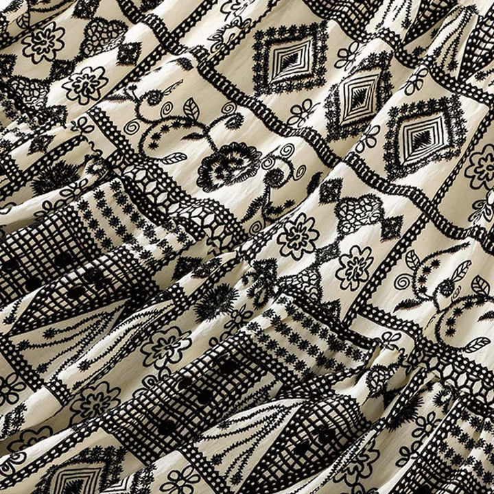 Buddha Stones Falda de mujer de estilo bohemio casual de verano en negro y beige con estampado geométrico floral. - image 6