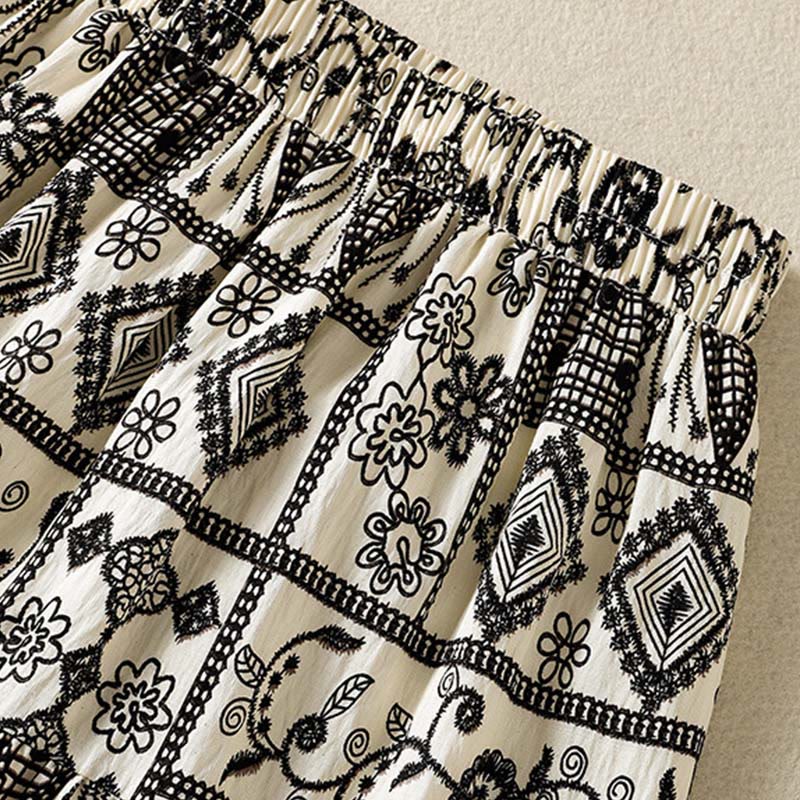 Buddha Stones Falda de mujer de estilo bohemio casual de verano en negro y beige con estampado geométrico floral. - image 4