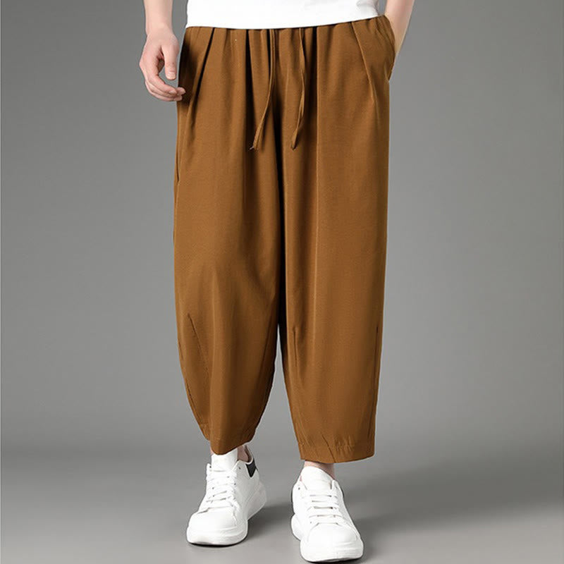 Buddha Stones Pantalones capri lisos de verano informales minimalistas con cordón ajustable para hombre, estilo harem con bolsillos. - image 1