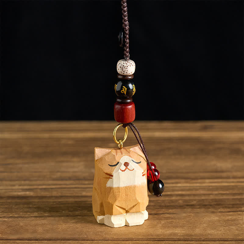 Buddha Stones Llaveros de madera tallada a mano con forma de gato, Om Mani Padme Hum Paz - image 0