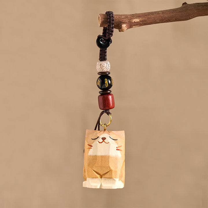 Buddha Stones Llaveros de madera tallada a mano con forma de gato, Om Mani Padme Hum Peace - image 3
