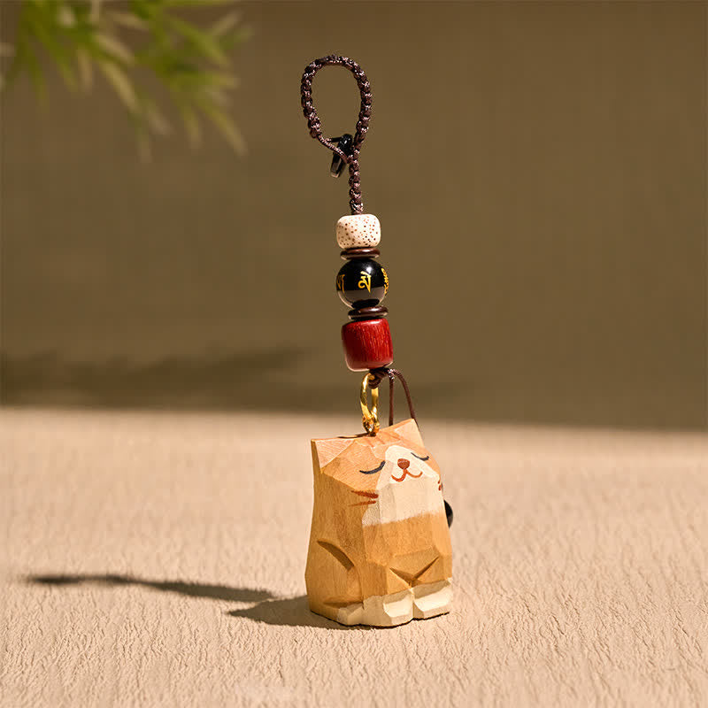 Buddha Stones Llaveros de madera tallada a mano con forma de gato, Om Mani Padme Hum Paz - image 1