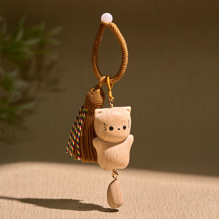 Buddha Stones Llaveros con borla hechos a mano de madera de haya con diseño de gato de la suerte - image 2