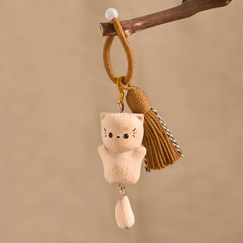 Buddha Stones Llaveros con borla hechos a mano de madera de haya con diseño de gato de la suerte - image 3