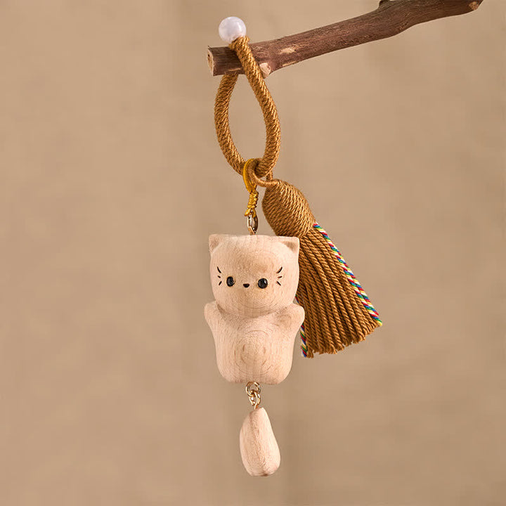 Buddha Stones Llaveros con borla hechos a mano de madera de haya con diseño de gato de la suerte - image 3