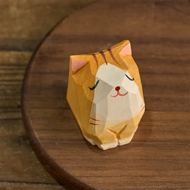Buddha Stones Gato naranja de madera con textura natural tallado a mano, adorable decoración de animales. - image 2